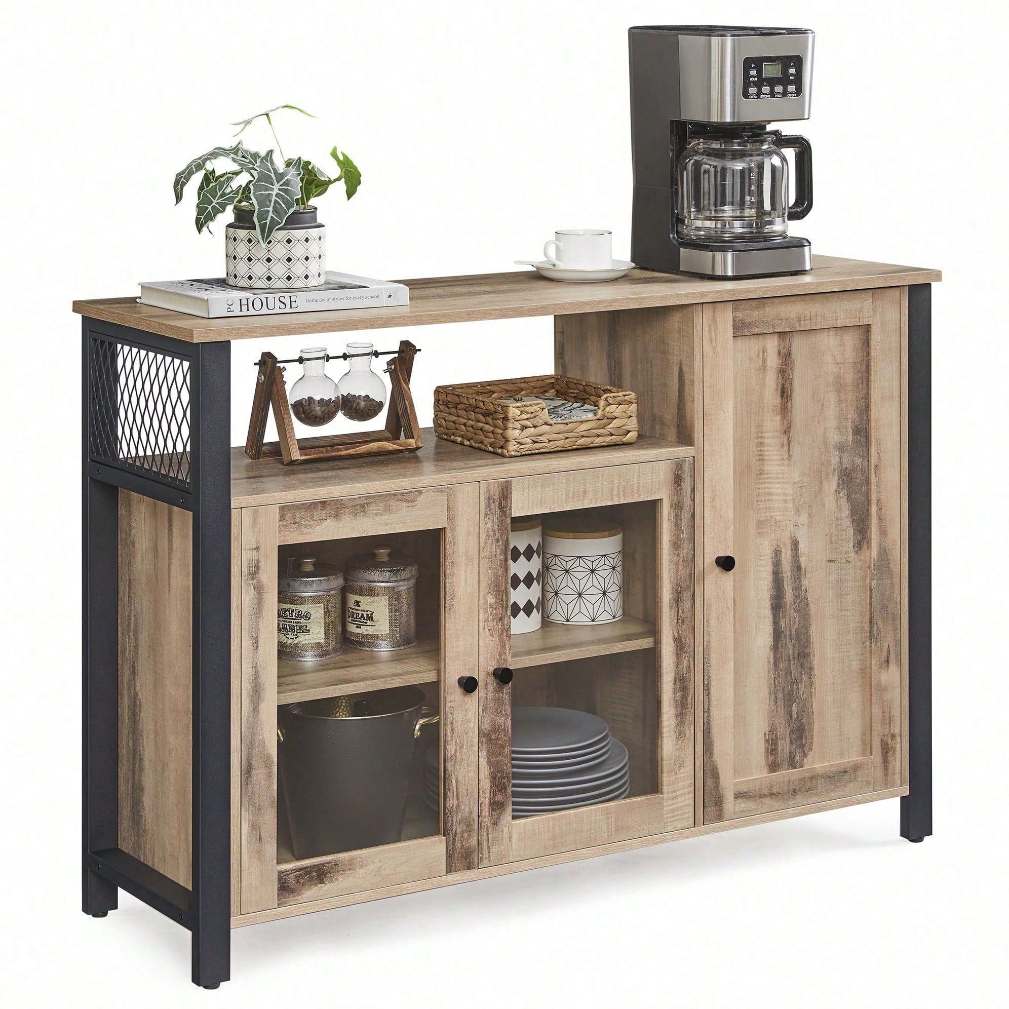 Vasagle Meuble De Rangement, Buffet Avec 3 Portes, 110 X 33 X 75 Cm, Style Rustique, Marron Boisé Et Noir