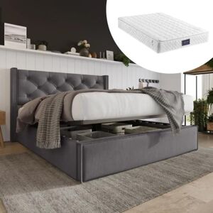 Lit double 140x200cm avec sommier à lattes en métal avec rangement, coton, gris (avec matelas), rembourré hydrauliquement - Publicité Lit double 140x200cm avec sommier à lattes en métal avec rangement, coton, gris (avec matelas), rembourré hydrauliquement - Publicité