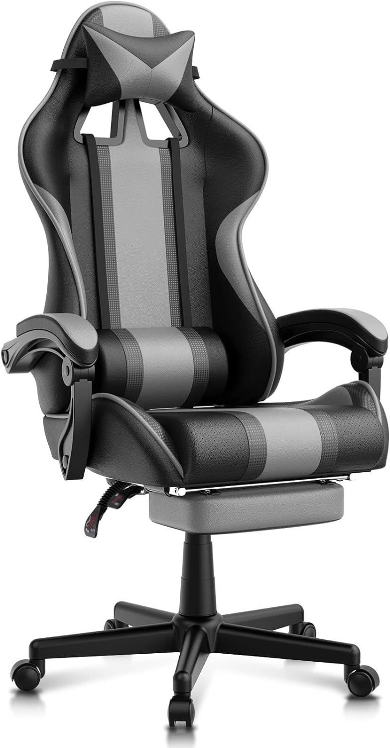 Gaming Chair Massage Avec Repose-Pieds Fauteuil Ergonomique Gaming Chair Avec Appui-Tête Chaise De Bureau Pc Gamer Racing Avec Coussin Lombaire Chaise D'ordinateur Bleu B-Gris