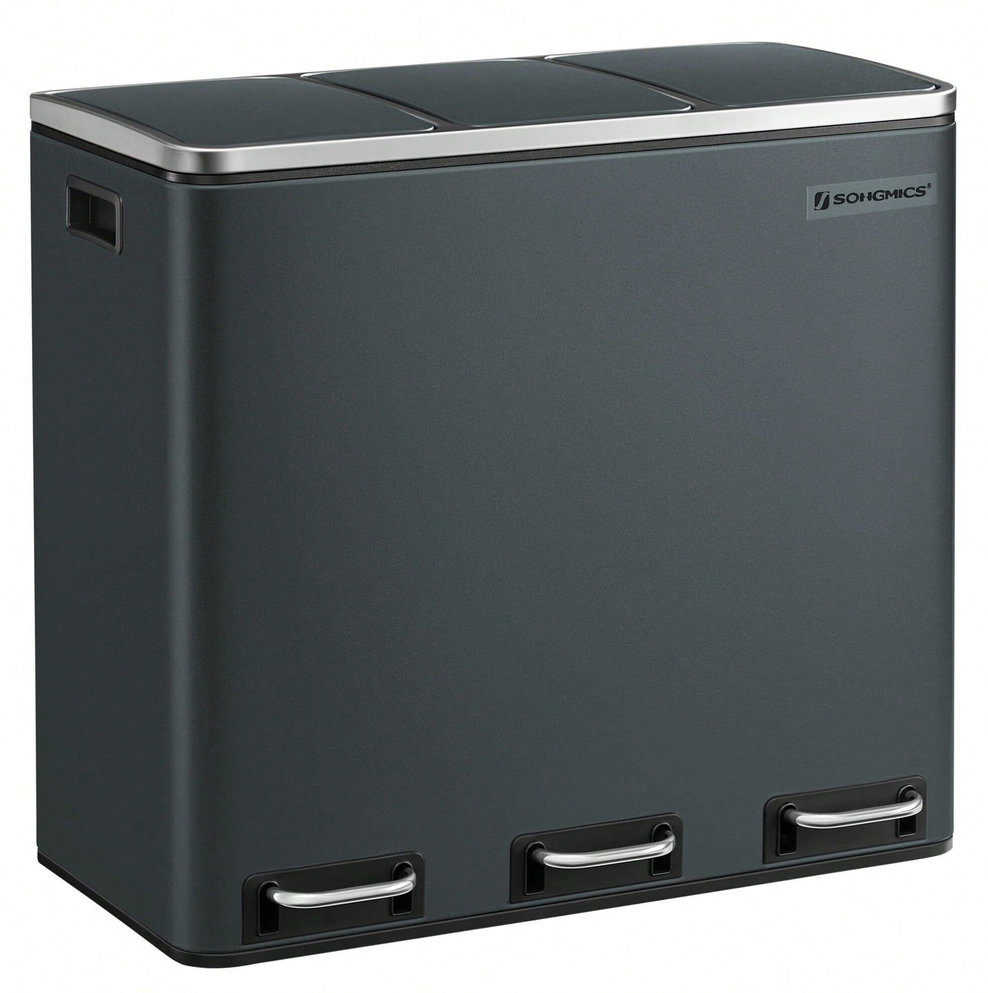 Songmics Poubelle Tri Sélectif 3 Bacs, 3 X 18l, Couvercle à fermeture Lente, pour cuisine, Gris Anthracite