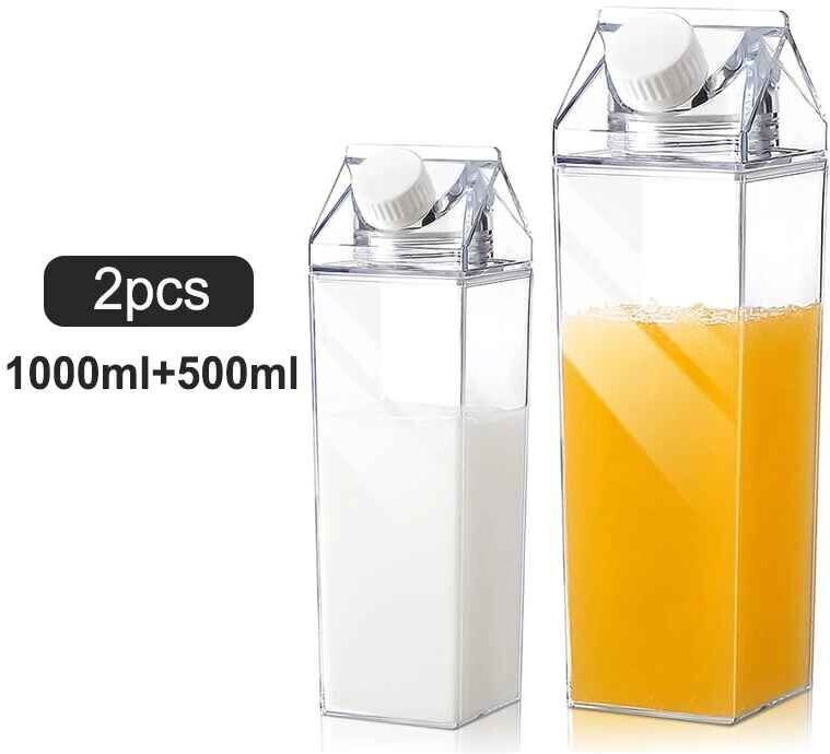 2 Pièces Carton De Lait Bouteille D'eau Transparent En Plastique Carré Lait Orange Jus Thé Conteneur Boîte Sport Tasse Pour Sport Voyage Camping - Type 500ml-1000ml