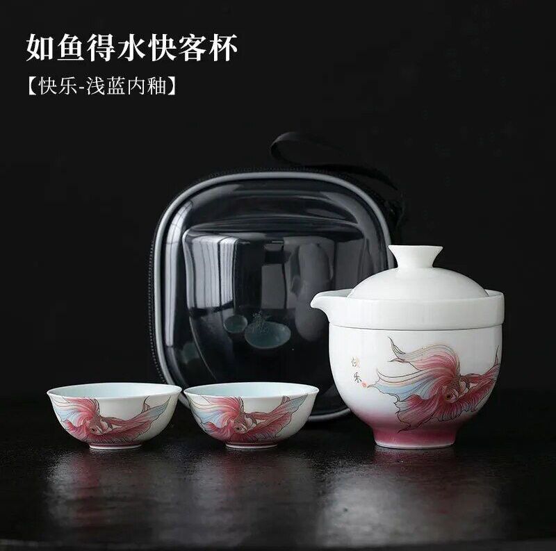 Service À Thé Kung Fu Portable Pour L'extérieur,Service De Voyage En Céramique,Une Théière Et Deux Tasses À Craquelures - Type Blue Glaze