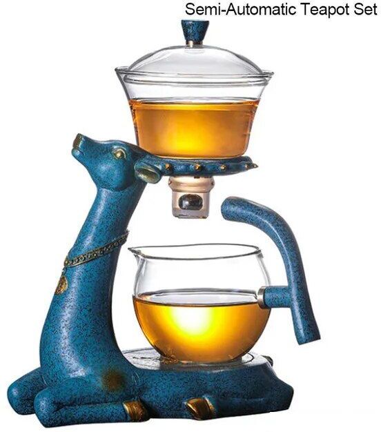 Théières En Verre Kungfu Cerf Résistant À La Chaleur,Service À Thé Chinois Automatique,Bol De Pots De Diversion D'eau Magnétique,Outils De Cérémonie Du Thé - Type Bleu