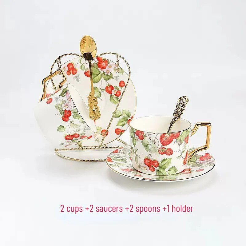 Service À Thé Européen En Porcelaine,Tasses À Café Et Soucoupes,Grande Théière En Porcelaine,Rouge,Baies Sauvages,Coffret Cadeau Pour L'après-Midi Anglais - Type 7pcs