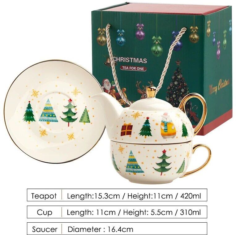Théière De Noël En Céramique Avec Poignée,Tasse À Thé,Placage Or,Père Noël,Boîte Cadeau,420ml,1 Ensemble - Type F-Ensemble De Trois Pièces