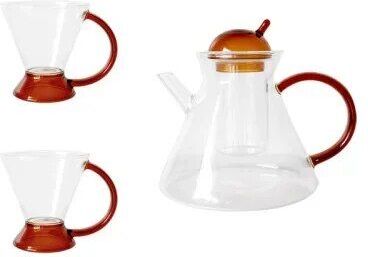 Théière En Verre Borosilicate,Grande Théière Transparente Résistante À La Chaleur,Ensemble De Tasses À Thé Et À Fleurs - Type Tea Set Of 3