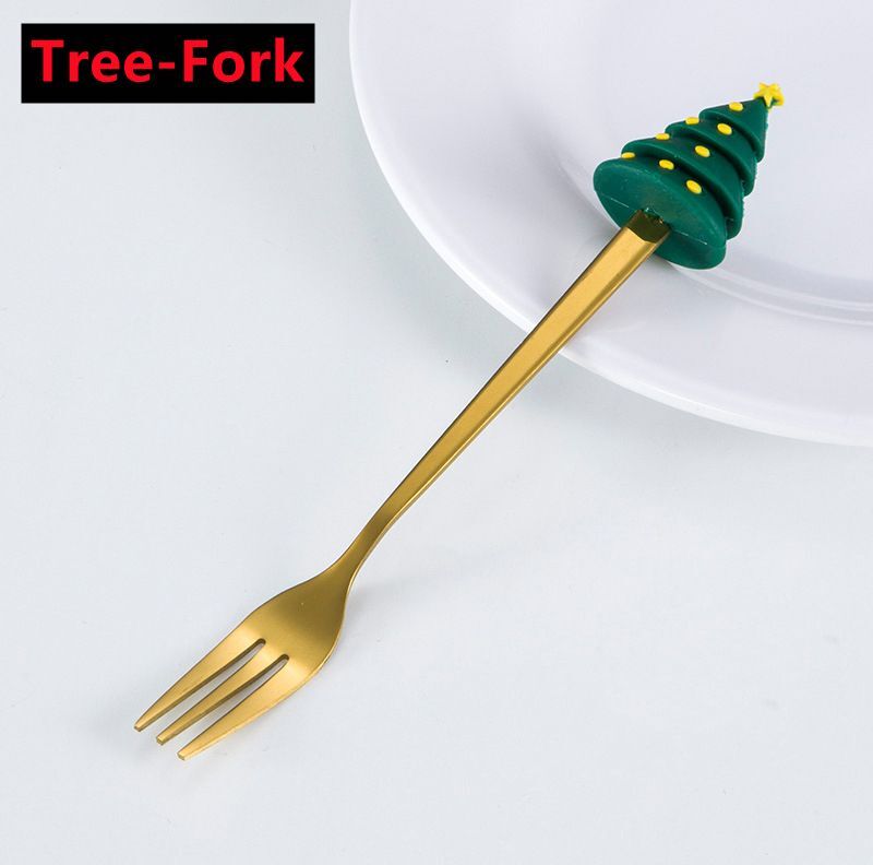 Cuillère De Noël Fourchettes Cuillère À Café En Acier Inoxydable Arbre De Noël Élan Petites Cuillères À Remuer Vaisselle De Fête Ornements Cadeaux Enfants