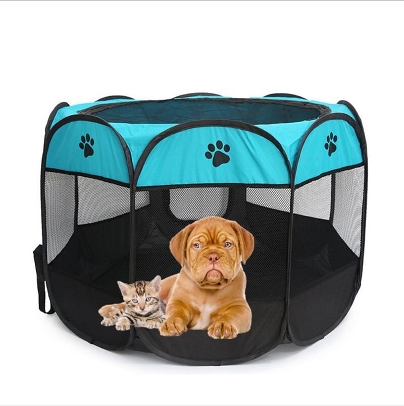 Pet Portable Foldable Playpen, Exercice 8-Panneau Kennel Mesh Shade Cover Intérieur / Extérieur Tente Clôture Pour Chiens Chats(S,Bleu)