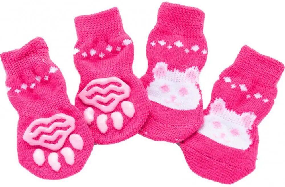 Chaussettes Chaudes En Coton Coordonnantes Pour Animaux De Compagnie,Motif De Dessin,Chaussures Pour Chats Et Chiens,Fournitures Pour Animaux De Compagnie,4 Pièces - Type Pink Rabbit-S