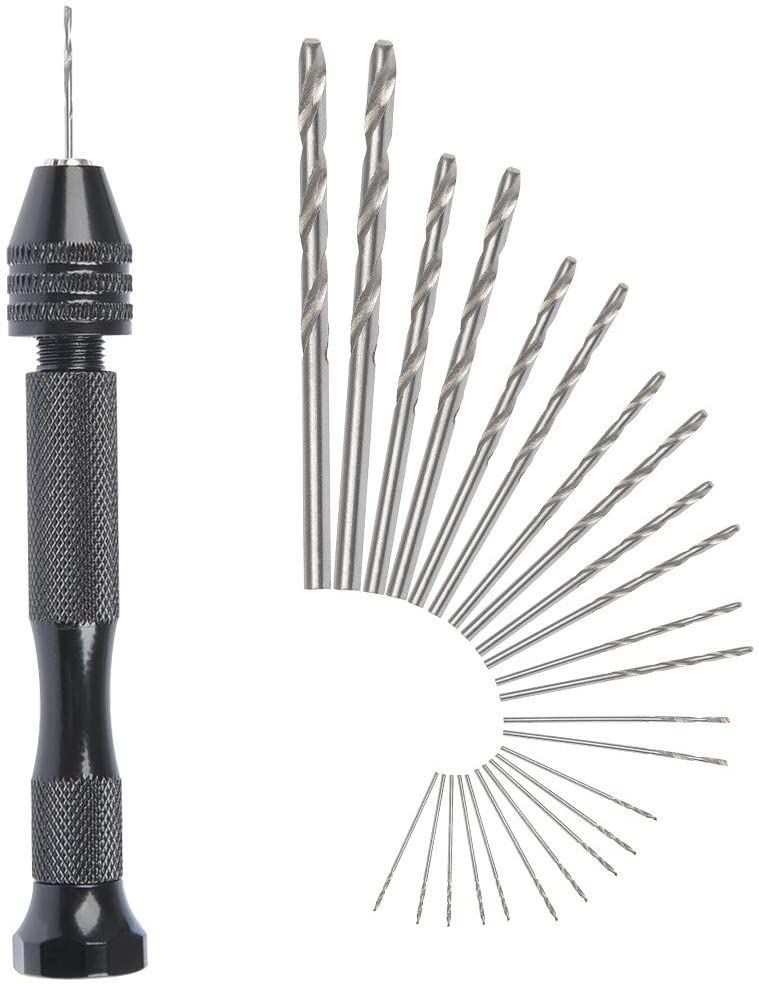 LITZEE MIni perceuse à main Twist Drill Bits +25 micro forets hélicoïdaux sans fil en Aluminium Pin Vise Outils Rotatifs forets hélicoïdaux adjustable Pyrogravure Maison plastique trou cuivre