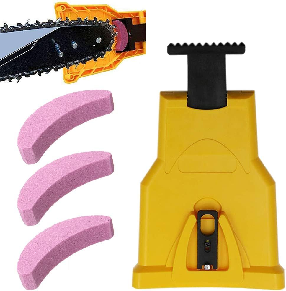 Aiguiseur de Dents Pour Tronçonneuse,Aiguiseur Automatique(1Pcs), Pierre à Aiguiser Remplaçable(3 Pcs),(Jaune)