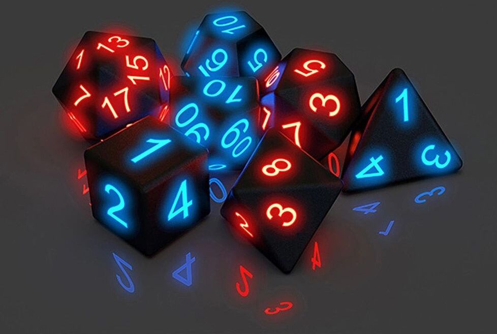 7pcs/Set Electronic Bar Party Luminous Dice Glow Led Magic Trick Pixels Dnd Board Role Playing Game Mtg Table Games100% brand new and high qualityFeature:This package includes 1 x D20 sides, 1 x D12, 2 x D10, 1 x D8, 1 x D6 and 1 x D4 dice.Perfect and high quality polyhedral dice for various board games, parties, rpg, mtg, teaching projects, etc.Made of ABS material, easy to roll and hard to damage, with good polishing.The dice can keep glowing for 10 seconds and cannot be charged, can toss about 2800 times.Designed to enable you a happy game time with your friends and families.Great for table games, show your gaming skills with these dices.A great gift for game lovers.Specifications:Glowing Time: 10sPower By: Button Battery (include)Material: ABSSize: approx.26.7x22.1mm/1.05x0.87inColor: As pictures shownLight Color: Blue, RedQuantity: 7pcs/setNote:No retail package.Please allow 0-1cm error due to manual measurement. pls make sure you do not mind before you bid.Due to the difference between different monitors, the picture may not reflect the actual color of the item. Thank you!Package Includes:7pcs/set x Electronic Dice (other accessories demo in the picture is not included!) image