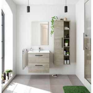 CAESAROO Meuble de salle de bain suspendu 60 cm Chêne avec lavabo et miroir    Chêne clair - Avec lampe Led - Publicité