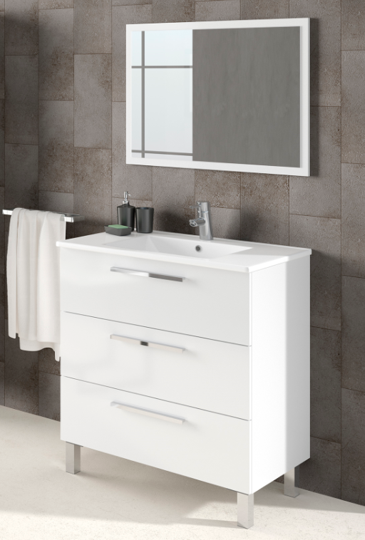 CAESAROO Meuble de salle de bain 3 tiroirs sur le sol 80 cm Blanc Brillant avec miroir   Blanc brillant - Avec colonne et lampe LED