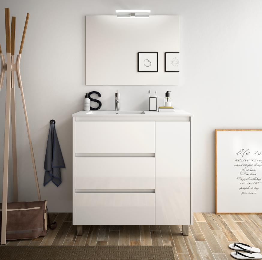 CAESAROO Meuble de salle de bain sur le sol 85 cm Blanc laque avec lavabo en porcelaine   Avec colonne, miroir et lampe LED