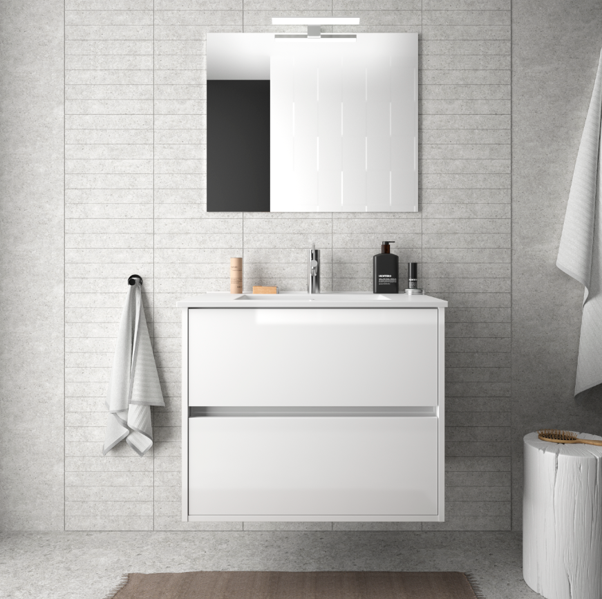 CAESAROO Meuble de salle de bain suspendu 70 cm blanc laque avec lavabo en porcelaine   Avec double colonne, miroir et lampe à LED