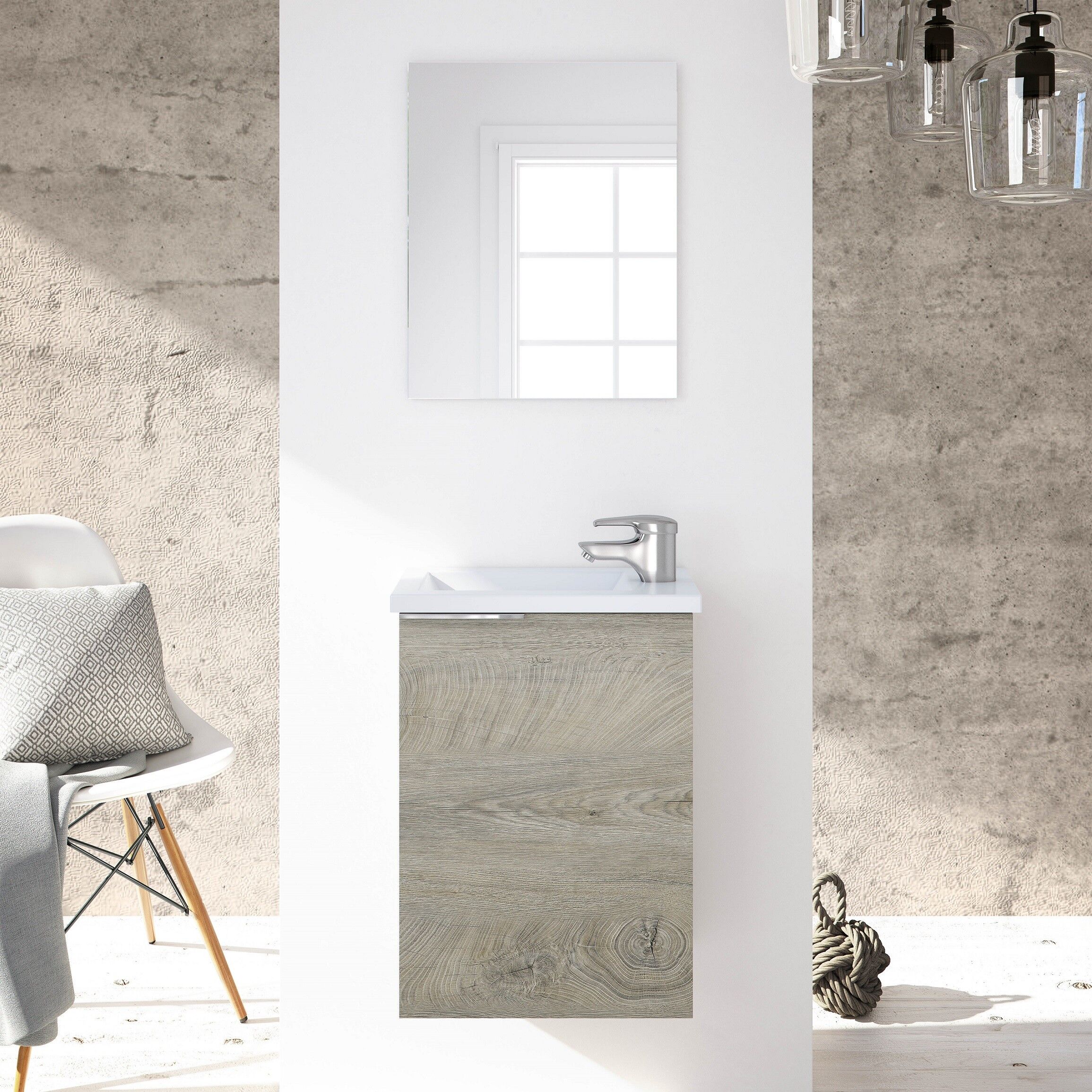 CAESAROO Meuble de salle de bain suspendu 40 cm Chêne avec miroir et lavabo    Chêne clair - 40 cm - Standard