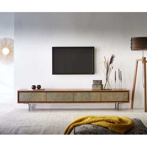 DELIFE Meuble-TV Juwelo 220 cm acacia nature avec placage de pierre 4 portes