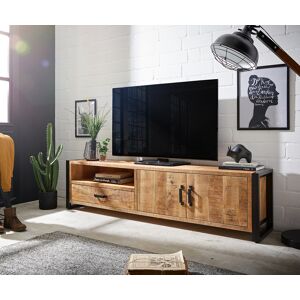 DELIFE Meuble-TV Crompton 200 cm Mango Naturel Metal Noir 2 portes 1 tiroir 1...