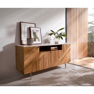 DELIFE Buffet Bahan 145 cm Mangue Teak 4 portes 1 compartiment Plateau marbre blanc...