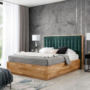 libolion Lit coffre MAJA en bois de chêne avec tête de lit capitonnée vert chêne - Publicité