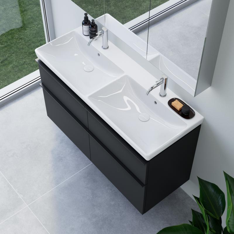 Double vasque Avento de Villeroy & Boch avec meuble sous-vasque ineo4 d’evineo l : 120 cm, 4 tiroirs, avec poignée,, 4A23CK01+BE0811BM,