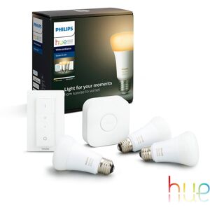 Philips Hue White Ambiance Kit de démarrage, lot de 3 avec pont et interrupteur avec variateur, LED E27, 9,5 watts, 8719514291232,