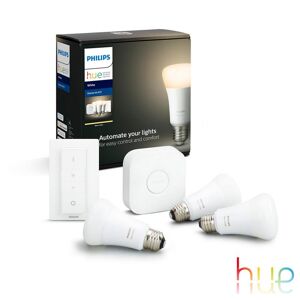 Philips Hue White Kit de démarrage, lot de 3 avec pont et interrupteur avec variateur, LED E27, 9,5 watts, 8719514289130,