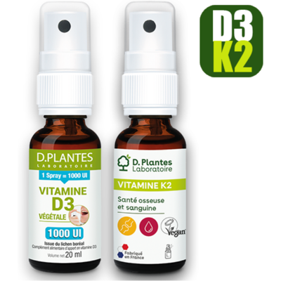 Pack Duo spray D3 végétale 1000 UI + K2 MK-7 - D.Plantes - Système immunitaire - Publicité Pack Duo spray D3 végétale 1000 UI + K2 MK-7 - D.Plantes - Système immunitaire - Publicité