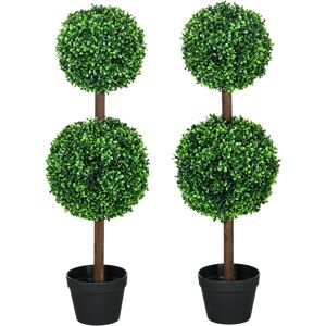 HOMCOM Lot de 2 arbres buis artificiel double boules avec tronc et pot inclus - hauteur 90 cm vert