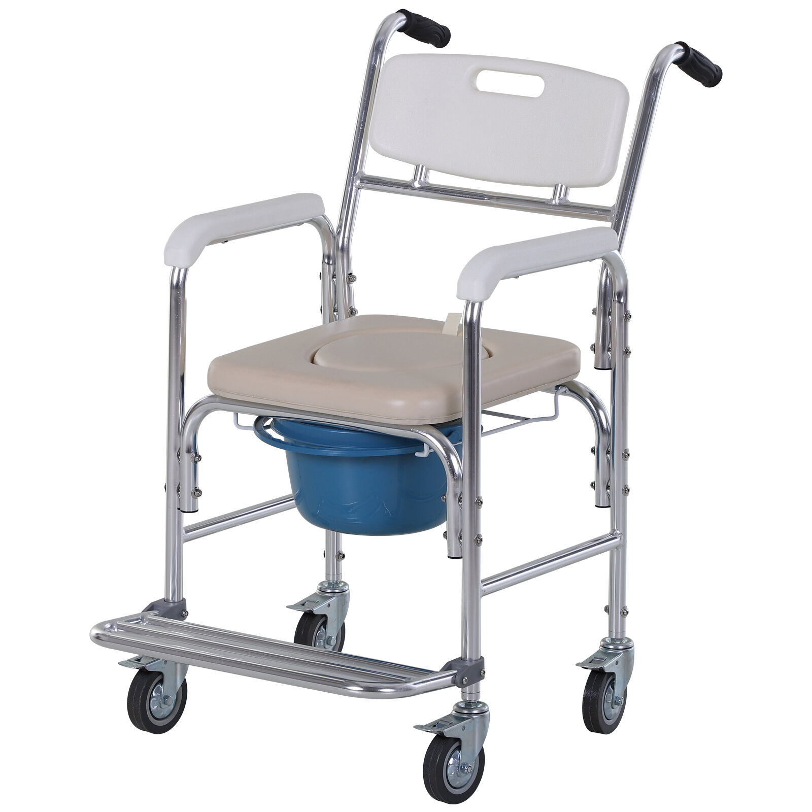 HOMCOM Chaise percée à roulettes - fauteuil roulant percé - chaise de douche - seau amovible, accoudoirs, repose-pied - acier chromé HDPE blanc