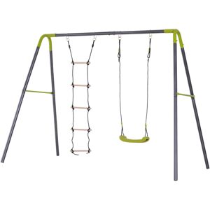 HOMCOM Balançoire 2 agrès portique avec balançoire et échelle dim. 2,55L x 1,38l x 1,80H m métal époxy anticorrosion PE gris anthracite vert pomme