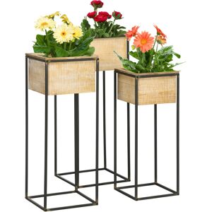 Outsunny Lot de 3 cache-pots carrés pour plantes fleurs sur pied en métal et bois - 3 hauteurs différentes naturel et noir