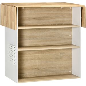 HOMCOM Ilot central cuisine meuble de rangement avec plan de travail rabattable en bois de caoutchouc et 2 étagères 140 x 55 x 91 cm