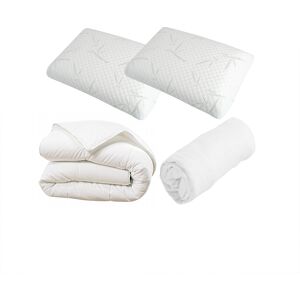 HOMCOM Pack 2 Oreillers mémoire de forme + Protège-matelas coton + couette synthétique 2 personnes pour lit de 160x200cm