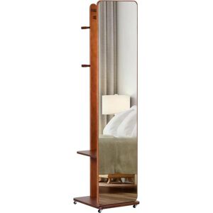 HOMCOM Miroir sur pied avec porte vêtement crochets roulettes pour salon chambre dressing-room MDF verre bois de pin 40 x 44,5 x 170 cm noyer