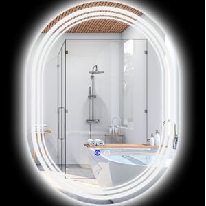 kleankin Miroir de salle de bain ovale lumineux LED 3 couleurs luminosité réglable interrupteur tactile, anti-buée, 70 x 50 cm