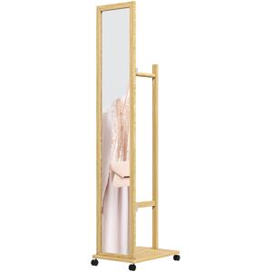 HOMCOM Miroir sur pied avec roulettes et multi-rangements 1 tringle portant 1 étagère inférieure en bois coloris naturel