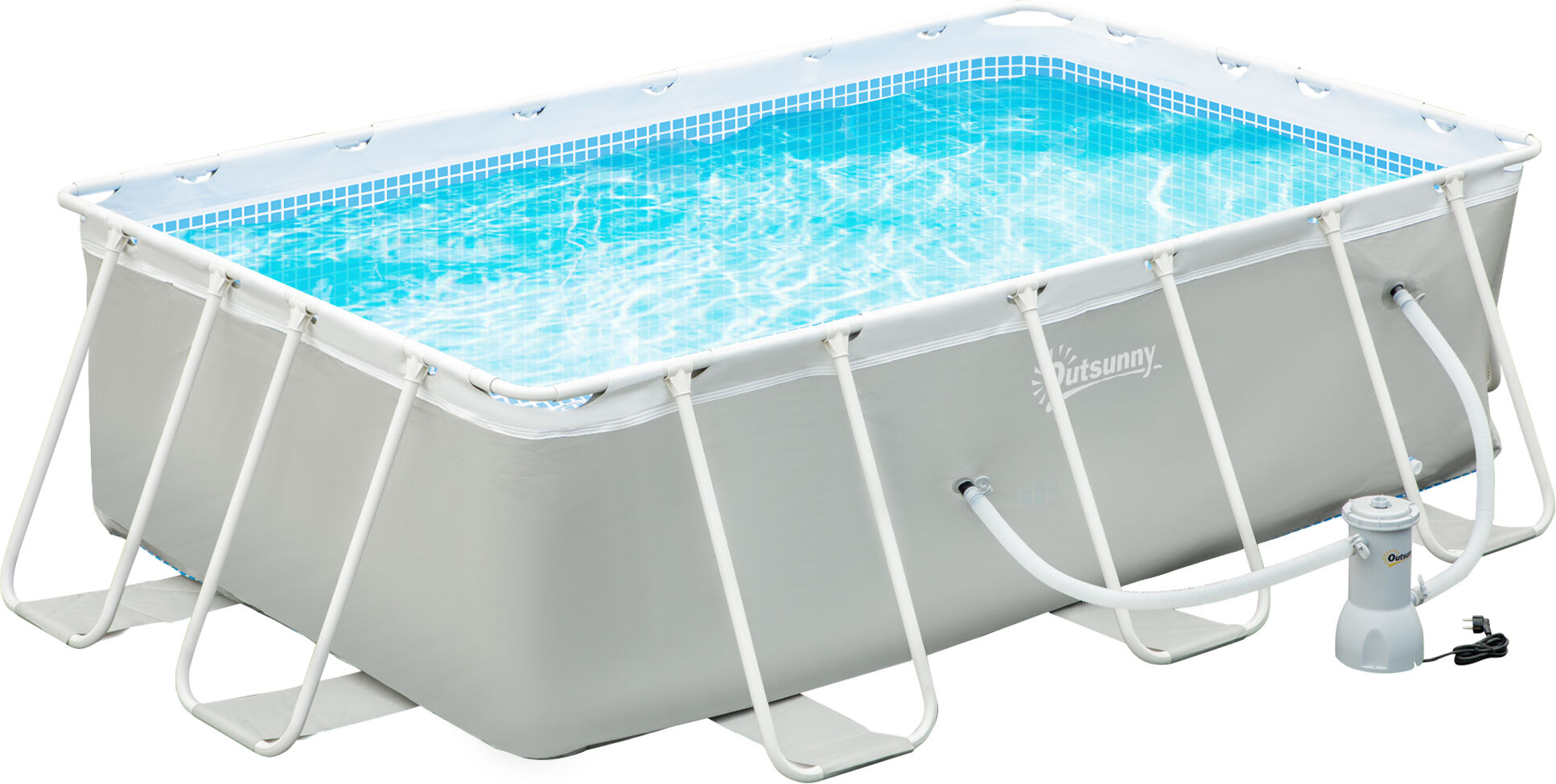 Outsunny Piscine tubulaire hors sol rectangulaire avec filtre, acier et PVC, dim. 340L x 215l x 80 cm, gris clair