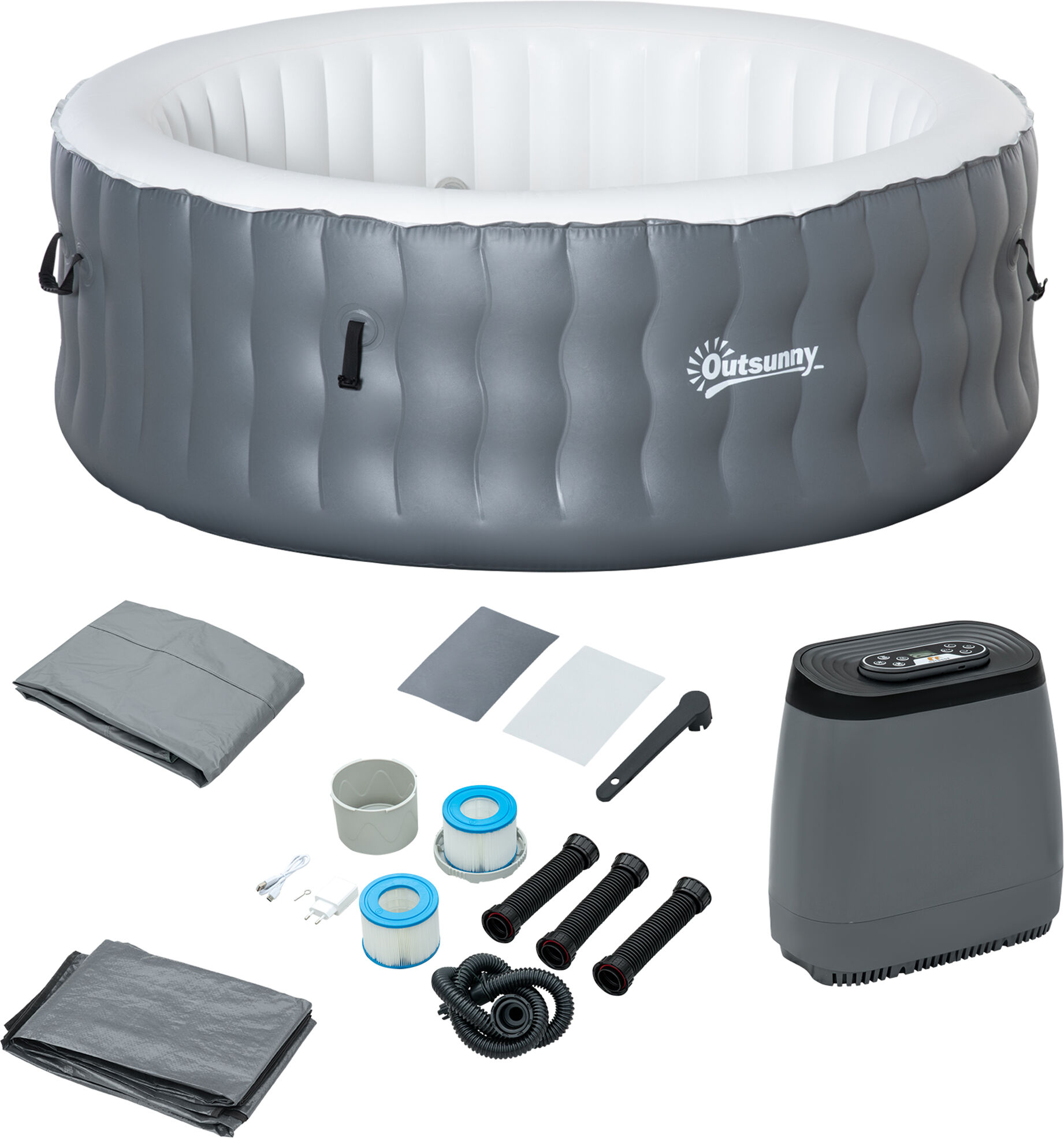 Outsunny Spa gonflable rond 108 buses d'air Hydro-massantes - 4 personnes avec bâche, 2 cartouches filtrantes - Liner PVC blanc bleu