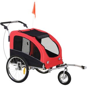 HOMCOM Remorque vélo Jogger 2 en 1 pour Animaux Drapeau Roue Avant pivotante réflecteurs et Barre d'attelage Inclus Rouge Noir