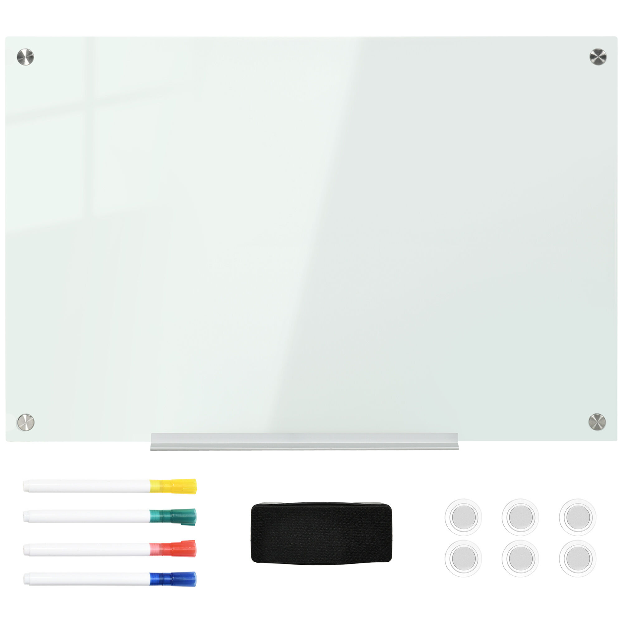 Vinsetto Tableau blanc en verre avec plateau mural sans cadre avec 4 marqueurs et tampon effaceur 90 x 60 cm blanc