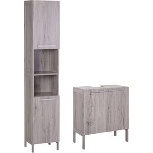 kleankin Meuble Colonne Rangement Salle de Bain + Meuble sous-vasque Design compact Multi-rangement aspect imitation bois gris