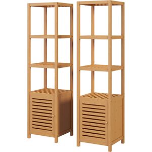 HOMCOM Lot de 2 meubles colonne rangement salle de bain bambou design naturel 36L x 33l x 140H cm 4 étagères 8 niveaux + placard