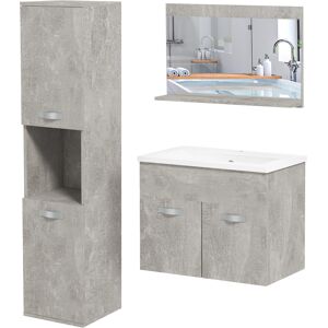 kleankin Ensemble de meubles de salle de bain 3 pièces miroir étagère + meuble vasque + meuble colonne suspendus, gris