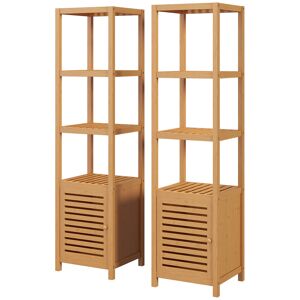 HOMCOM Lot de 2 meubles colonne rangement salle de bain bambou design naturel 36L x 33l x 140H cm 4 étagères 8 niveaux + placard - Publicité