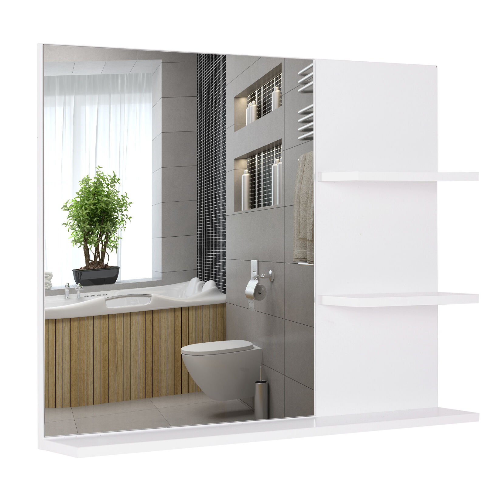 HOMCOM Miroir de salle de bain avec étagères - 2 étagères latérales + grande étagère inférieure - kit installation fourni - MDF blanc