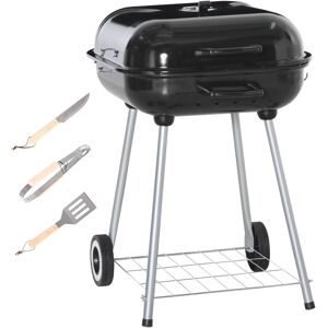 Outsunny Barbecue à charbon BBQ avec 2 roues, ustensiles, couvercle et étagère dim. 56L x 62l x 82H cm - métal émaillé noir