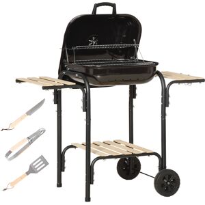 Outsunny Barbecue à charbon BBQ avec 2 roues, ustensiles, couvercle et étagères dim. 113L x 62l x 97H cm - métal émaillé noir