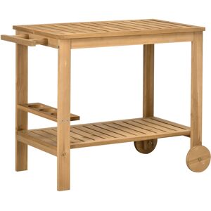 Outsunny Desserte de jardin chariot pour plancha barbecue en bois avec poignée 2 plateaux et porte-bouteilles 95 x 47 x 74 cm   Aosom France